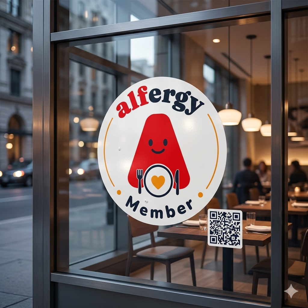 The Alfergy sign in a restaurant window, with the dining room behind it