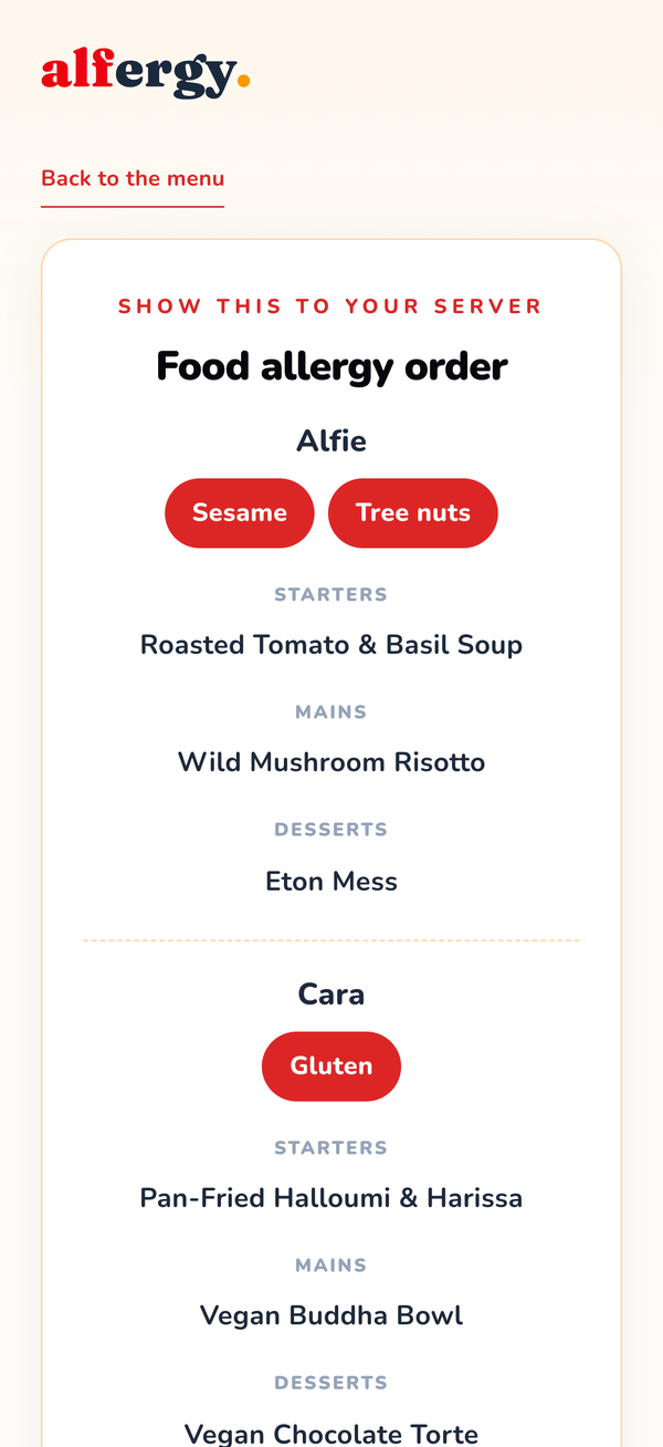 The diner’s personalised allergy order shown on their phone