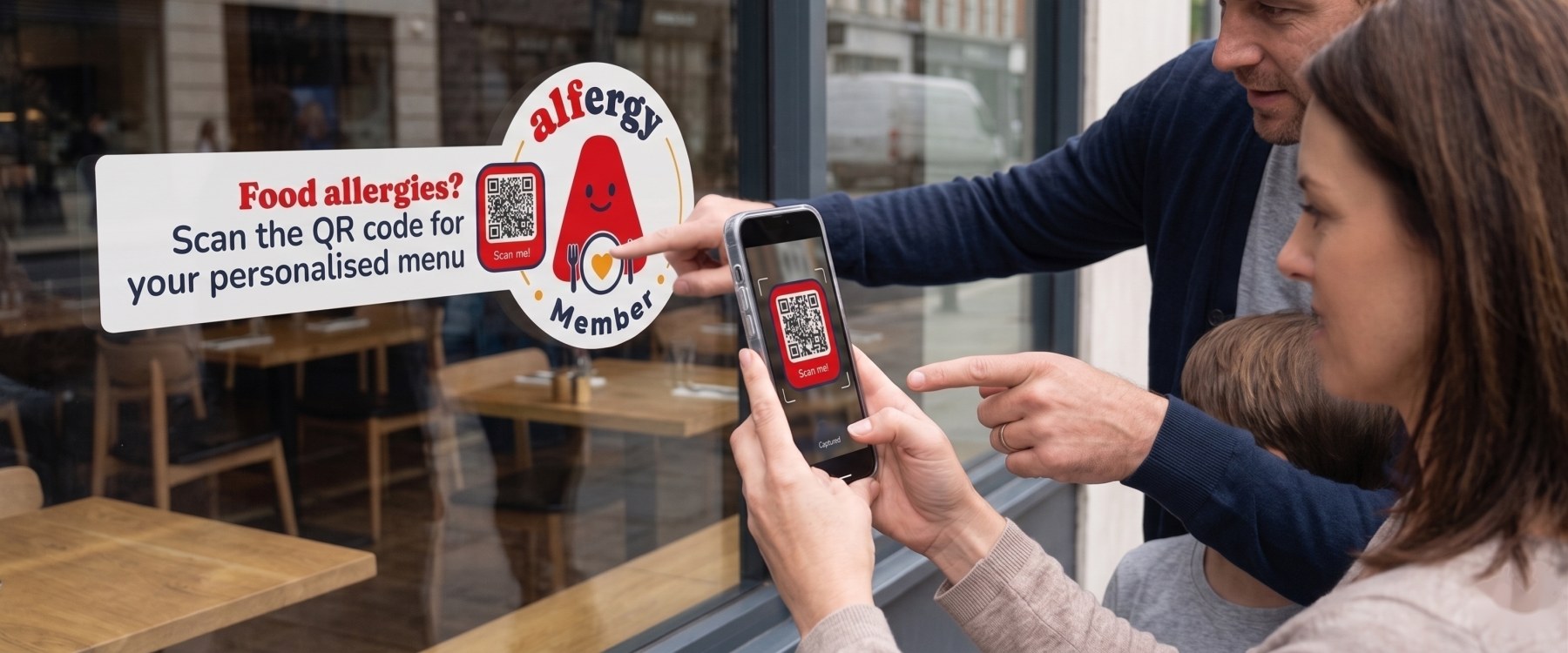 A diner scanning an Alfergy window sticker outside a restaurant