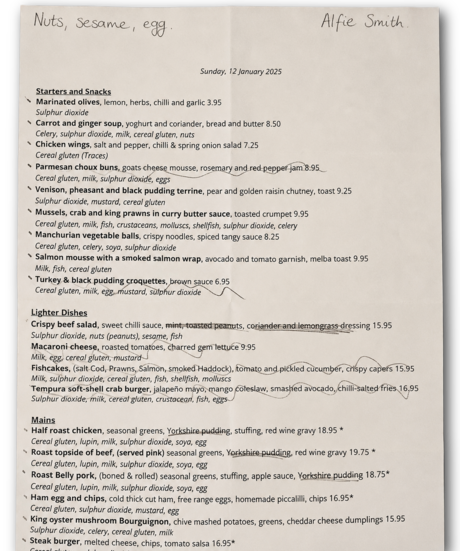 The menu a restaurant printed with Alfie's name and the dishes he could have
